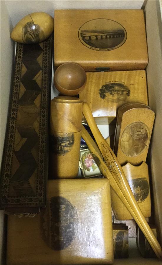 Collection of Mauchline boxes & Tunbridgeware sewing case